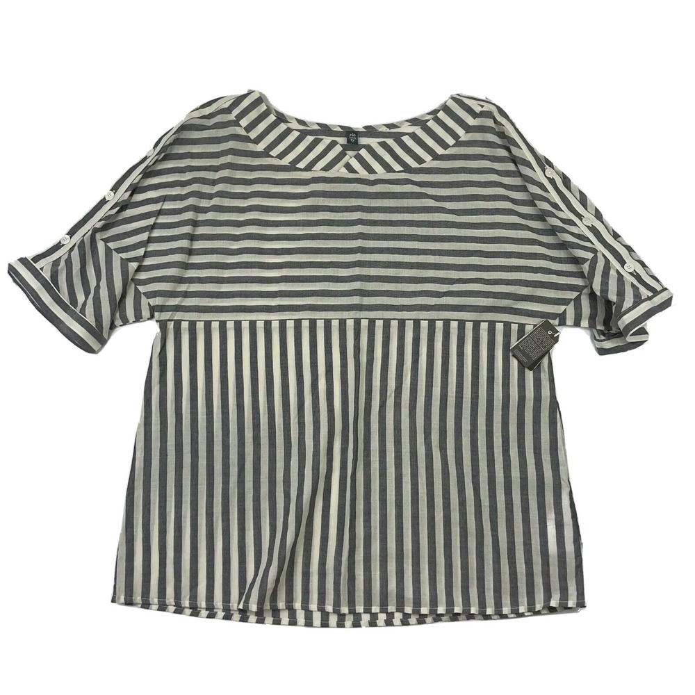 Eleventy Gray Cream Striped Cotton Short Sleeve Blouse 4 980CA0081 Made in Italy